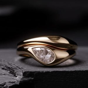 Flush Set East to west Bridal Set Ring, Pear Cut Moissanite Engagement Ring, Domed Ring & Band Curved To Fit Together, 14K Gold Wedding Ring
