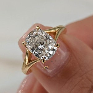 Split Shank Moissanite Ring, 2.5 CT Elongated Cushion Cut Colorless Moissanite Engagement Ring, 14K Yellow Gold Solitaire Wedding Ring