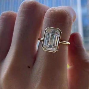5 CT Emerald Cut Moissanite Engagement Ring, 14K Yellow Gold Bezel Set Ring, Solitaire Moissanite Ring, Wedding Emerald Moissanite Cut Ring