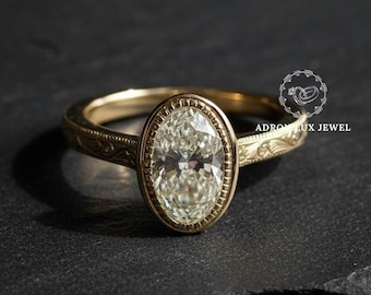 Vintage Art Deco Ring, Oval Cut Lab Grown Diamond Engagement Ring, Milgrain Bezel Set Stackable Solitaire Ring, 14K Yellow Gold Wedding Ring