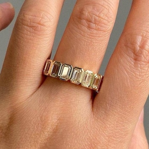 Canary Yellow Emerald Cut Engagement Band, Emerald Nine Stone Diamond Ring, Bezel Set Stacking Wedding Band, 14K Gold Half Eternity Band