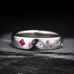 Flush Setting Wedding Band,  Multi Shape Cut & Multi Color Diamond Engagement Ring, 14K Solid White Gold Full Eternity Stackable Band