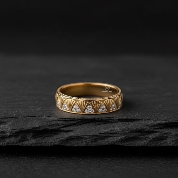 Antique Vintage Band, Round Cut Lab Grown Diamond Engagement Ring, Full Eternity Stackable Band, 14K Solid Yellow Gold Wedding Art Deco Band