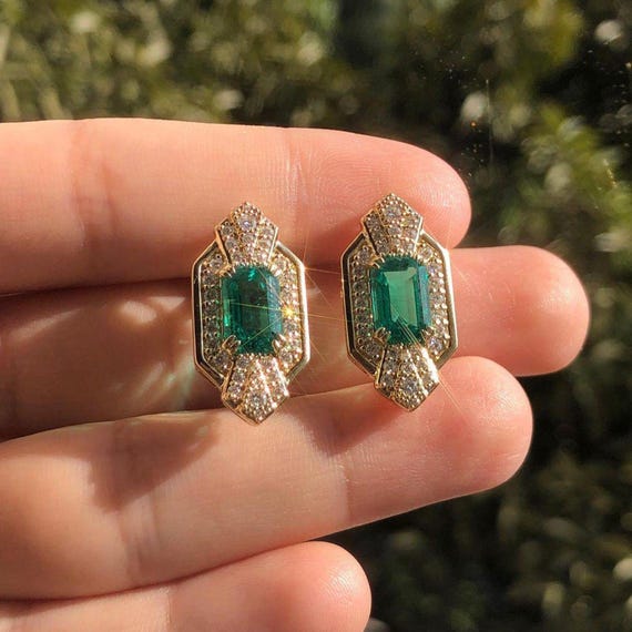 Antique Victorian Green Emerald Gemstone Earrings, Vintage Art