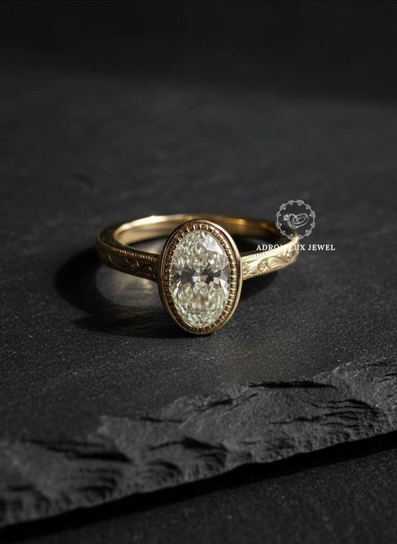 Oval Cut Lab Grown Diamond Engagement Ring, Milgrain Bezel Set Stackable Solitaire Ring, 14K Solid Yellow Gold Ethical Diamond Wedding Ring