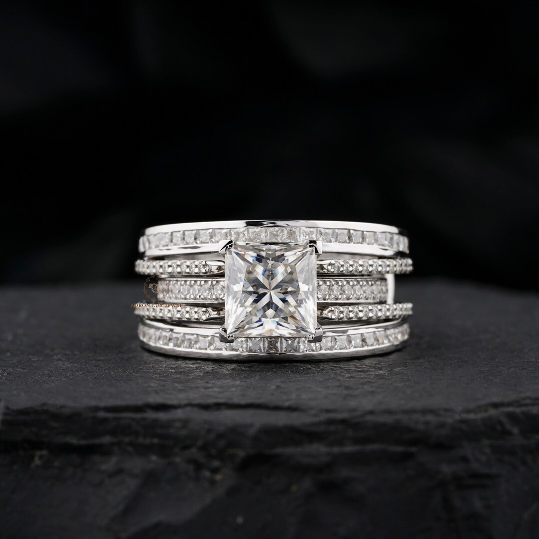Enhancer Wedding Ring Sets, 3.00 CT Princess Cut Colorless Moissanite ...