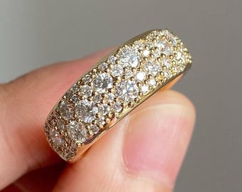 Round Cut Moissanite Cluster Ring, Pave Setting Engagement Cigar Band, 14K Gold Unique Wide Band, Cocktail Stackable Wedding Scattered Band