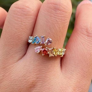 Open Cuff Engagement Ring, Elegant Family Birthstone Band, Multi Colour Stone Wedding Ring, Multi Cut Diamond 14K Gold Adjustable Ring