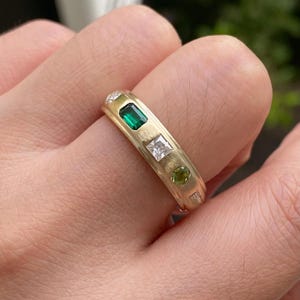 Flush Setting Ring, Five Stone Engagement Band, Multi Color Gemstone Ring, Multi Cut Wedding Ring, 14K Solid Yellow Gold Stackable Wide Band