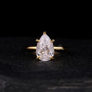 Hidden Halo Engagement Ring, 2.5 CT Pear Cut Colorless Moissanite Ring, Minimalist Solitaire Ring, 14K Yellow Gold Wedding Ring For Women