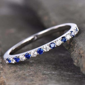 Blue Sapphire Wedding Band, Round Cut Diamond Engagement Ring, Full Eternity Delicate Band, 14K Solid White Gold, Alternative Diamond Ring