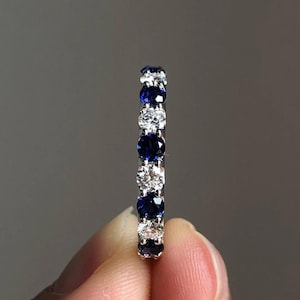 Blue Sapphire Wedding Band, Round Cut Diamond Engagement Ring, 14K White Gold Full Eternity Delicate Band, Alternative Diamond Matching Band