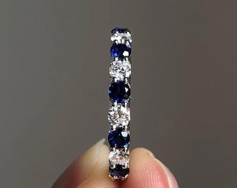 Blue Sapphire Wedding Band, Round Cut Diamond Engagement Ring, 14K White Gold Full Eternity Delicate Band, Alternative Diamond Matching Band