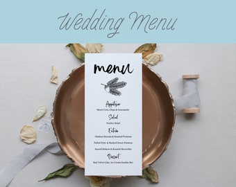 Plantilla de menú de boda de invierno Evergreen, menú de boda Canva DIY, papelería de boda de invierno, recepción de boda de pino imprimible