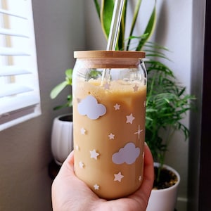 Stars glass cup, vinyl cup, iced coffee cup, beer can glass, clouds