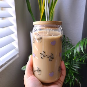 Gym lover glass cup, beer can glass with lid & straw, bamboo lid, glass straw, Iced coffee cup, Libbey glass cup, Barbell cup, workout cup