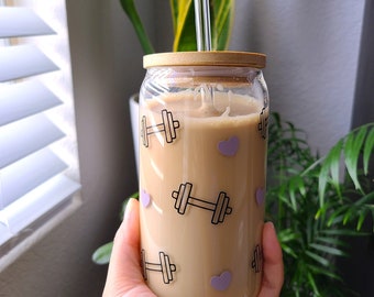 Gym lover glass cup, beer can glass with lid & straw, bamboo lid, glass straw, Iced coffee cup, Libbey glass cup, Barbell cup, workout cup