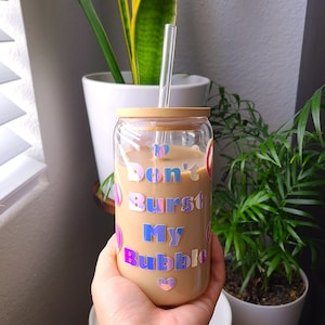 Holographic glass cup, Bubbles, beer can glass with lid & straw,  bamboo lid, glass straw, Iced coffee cup, Libbey glass cup, Bubbles
