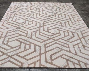 Hand Tufted Geometric Trellis Rug, Neutral Beige  Textured Area Rug for Modern Living Room Decor