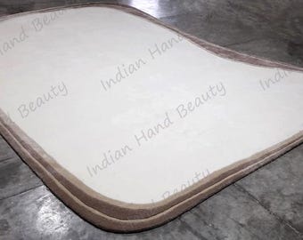 Handcrafted Wool Rug: Irregular Beige Brown, Organic Shape