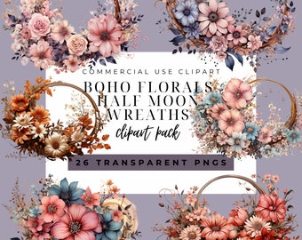 Boho Chic Floral Half Moon Wreath Clipart - Perfect for Invitations, Art Projects, and Home Decor!