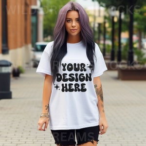 Bella Canvas 3001 Mockup White Mockup Oversized White Outdoors Mockup Model Mockup Trendy Mock White Colored Shirt Aesthetic Mockup