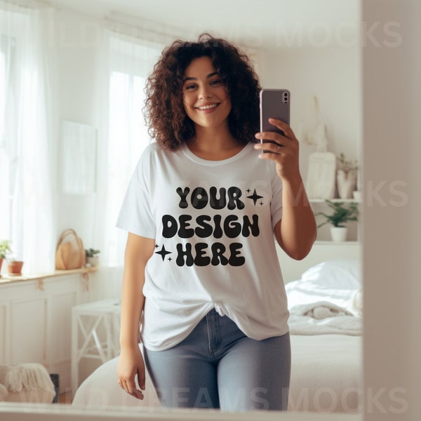 Bella Canvas 3001 Mockup,Plus Size Mockup, Mirror Selfie Mockup, Selfie Mockup, Cozy Mockup,Trendy Mockup, Bella Canvas White Shirt Mockup