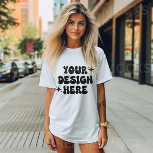 Bella Canvas 3001 Mockup White Mockup Oversized White Outdoors Mockup Model Mockup Trendy Mock White Colored Shirt Aesthetic Mockup