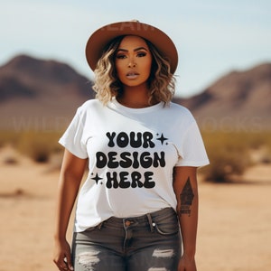 Bella Canvas 3001 Mockup White, Boho Western Mockup, Black Girl Mockup, Country Mockup, African American Model Mockup, Black Model Mockup