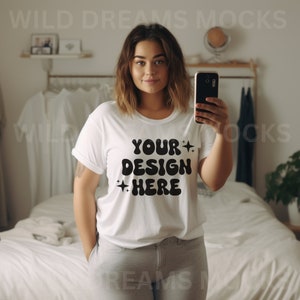 Bella Canvas 3001 Mockup, Übergröße Mockup, Spiegel Selfie Mockup, Selfie Mockup, gemütliches Mockup, Trendy Mockup, Bella Canvas weißes Hemd Mockup
