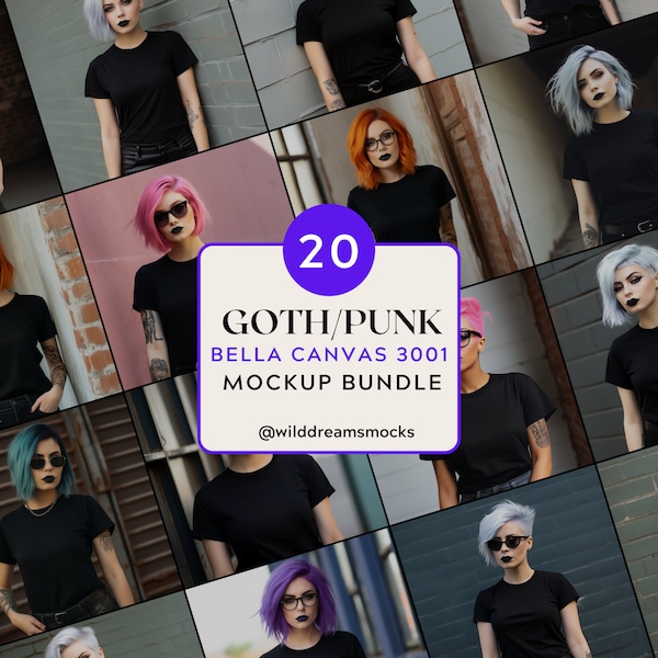 Goth Punk T-Shirt Mockup Bundle, Bella Canvas 3001 Mockup Black, Punk Tattoo Female Mockup, Witchy Mockup, Goth Mockup ,Goth T-Shirt Mockup