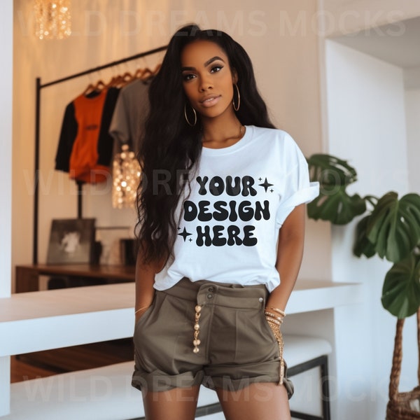 Bella Canvas 3001 Mockup White, Bella Canvas Mockup, Black Model Mockup, African American Woman Mockup, Black Girl Mockup, Diverse Mockup