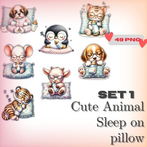 Water color Clipart cute Animal sleep on pillow SET 1, Unicorn, cat, Lion, Bernard, Tiger, Penguin, Rabbit, PNG, Anniversary, Commercial Use