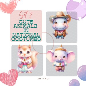 Acquerello simpatico animale in costume nazionale SET 2, simpatico animale Clipart, simpatico animale PNG, simpatico animale per bambini, bambino, piccolo, uso commerciale