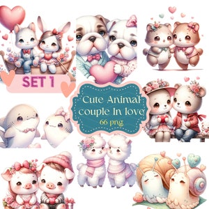 Water color Cute Animals couple In love Set 1, Bird , Panda, Lion, White bear, Duck, Rabbit, Mouse, PNG, Valentine, wedding, Commercial Use