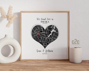 Custom Map Heart Print, Couples Gift, Couples Map Art, Engagement Gift, Home Decor, Anniversary Gift, Personalized Couples Gift, Wall Art