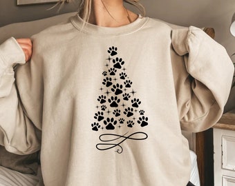 Christmas Tree T-shirt Pet Paw Pattern Star Graphic Unisex Adult Tee Pet Lover Shirt Xmas Present Happy Santa Party Outfits Enjoying Festive