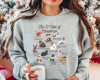 The 12 Cats of Christmas Sweatshirt,Cute Christmas Cats Shirt, Christmas Cat Mom Shirt,Xmas Cats, Cat Owner Gift,Cat Lover Christmas Sweater