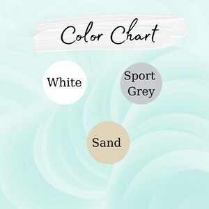 May include: Color chart with three color swatches: white, sport grey, and sand.