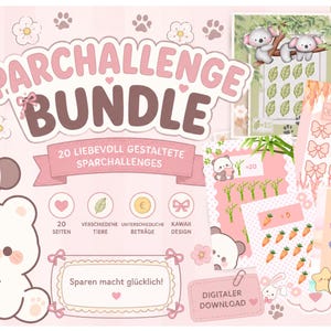 Könnte beinhalten: Ein digitales Spar-Challenge-Bundle mit rosa und braunen Grafiken und Zeichentricktieren. Der Text lautet SPARCHALLENGE BUNDLE, 20 LIEBEVOLL GESTALTETE SPARCHALLENGES, 20 SEITEN, VERSCHIEDENE TIERE, UNTERSCHIEDLICHE BETRÄGE, KAWAII DESIGN, SPAREN MACHT GLÜCKLICH und DIGITALER DOWNLOAD.
