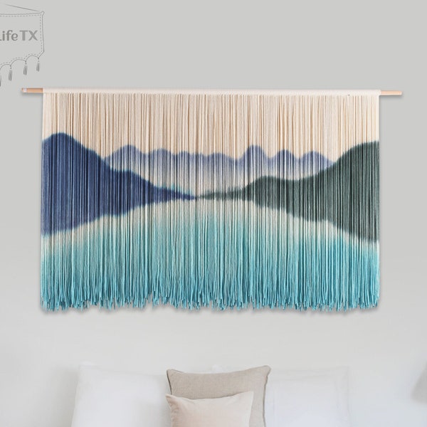 Large Landscape Wall Hanging, Hand Dyed Macrame Wall Hanging, Dip Dyed Wall Art, Retro Hand Woven Fiber Wall Art, Bedroom Backdrop
