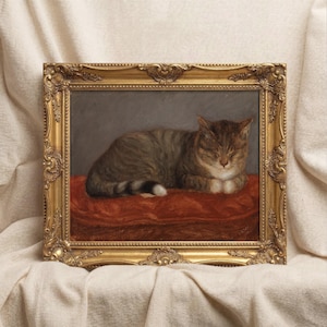 Puede incluir: Pintura enmarcada de un gato atigrado descansando sobre un cojín rojo. El gato tiene rayas marrones y grises y está acurrucado con los ojos cerrados. El marco dorado ornamentado añade un toque clásico a la obra de arte.