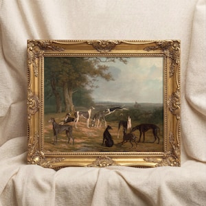 Vintage jakthundar oljemålning, antik pastoral konst, digital nedladdning