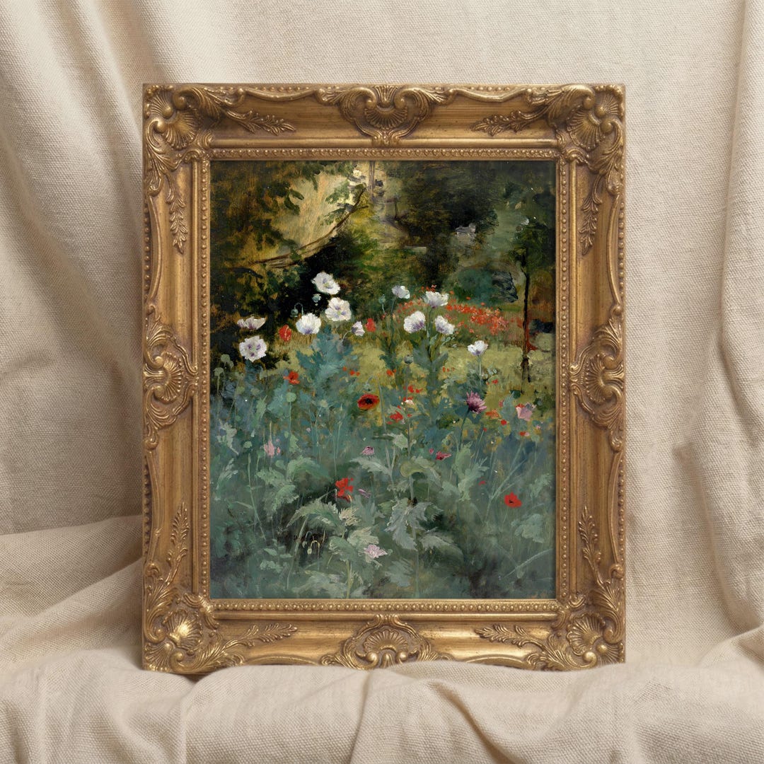 Framed Vintage Poppy Field Art Print, Antique Impressionist Floral Oil ...