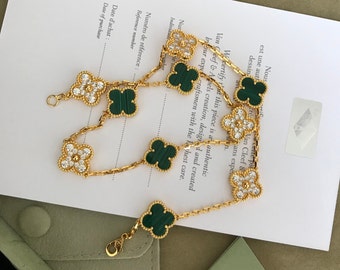 Authentic Van Cleef 18K Yellow Gold Diamond Malachite 10 Motifs Vintage Alhambra Necklace