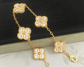 Authentic Van Cleef Vintage Alhambra Bracelet, 5 Motifs with Diamonds