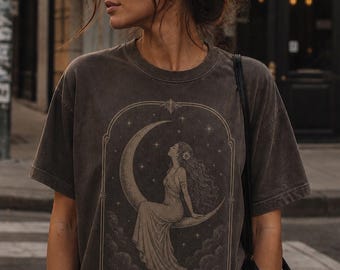 Celestial Moon Goddess T-Shirt, Vintage Boho Graphic Tee, Mystical Lunar Woman Shirt