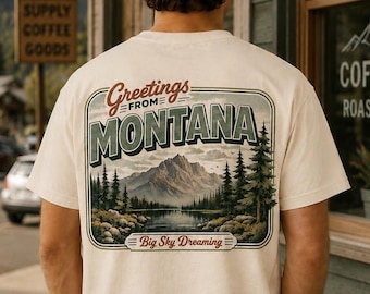 Koszulka z pozdrowieniami z Montany | Grafika w stylu vintage Scenic, nadruk Big Sky Country z przodu i z tyłu