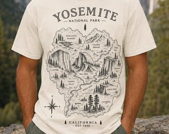Koszulka z mapą Parku Narodowego Yosemite | Koszulka z malowniczym krajobrazem