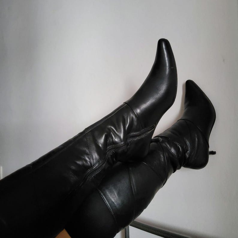Vintage y2k patchwork leather kitten heel pointy boots image 8